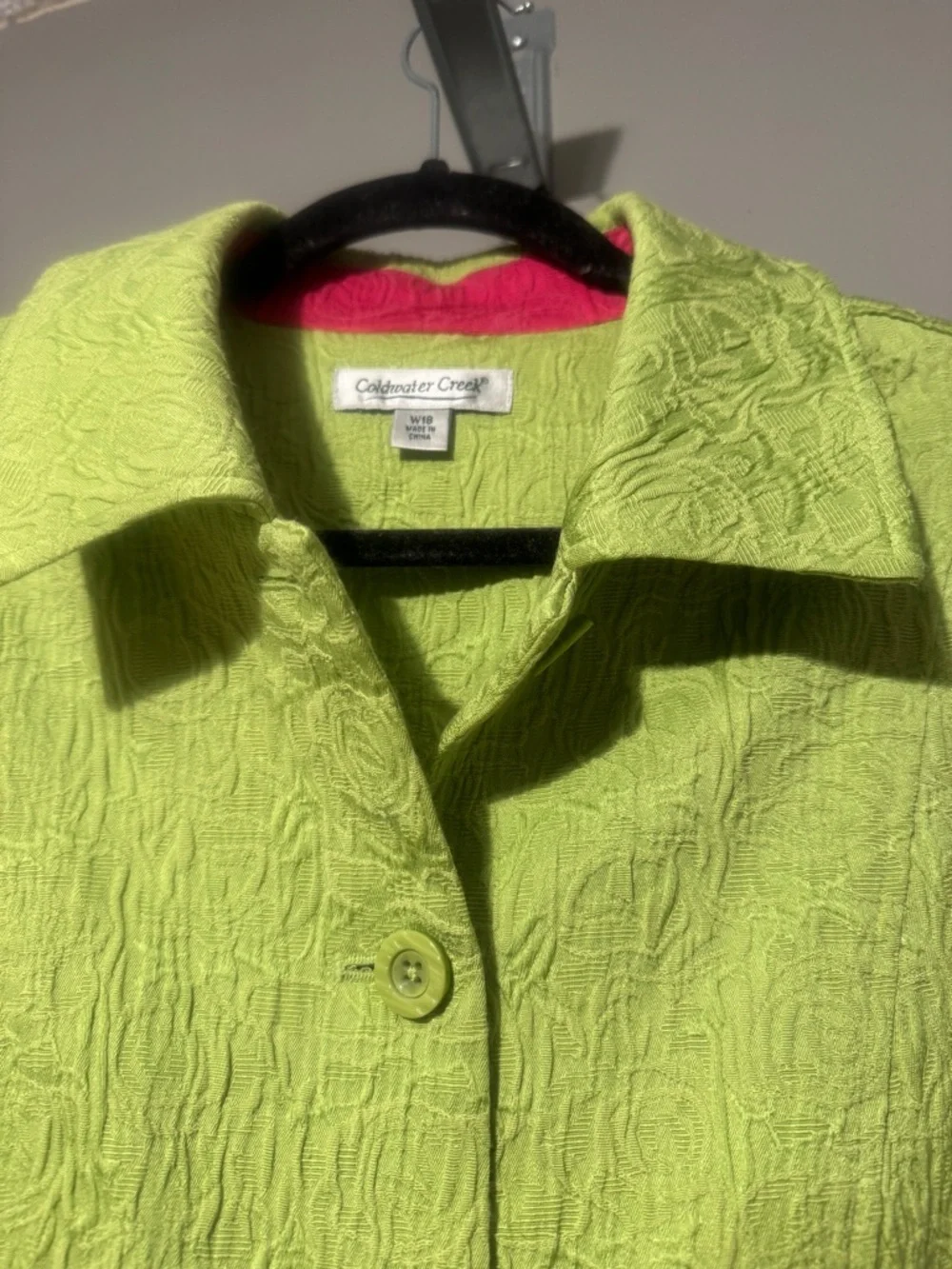 Coldwater Creek 18W Lime Green Jacquard Spring Jacket Pink Trim Preppy - Picture 6 of 9
